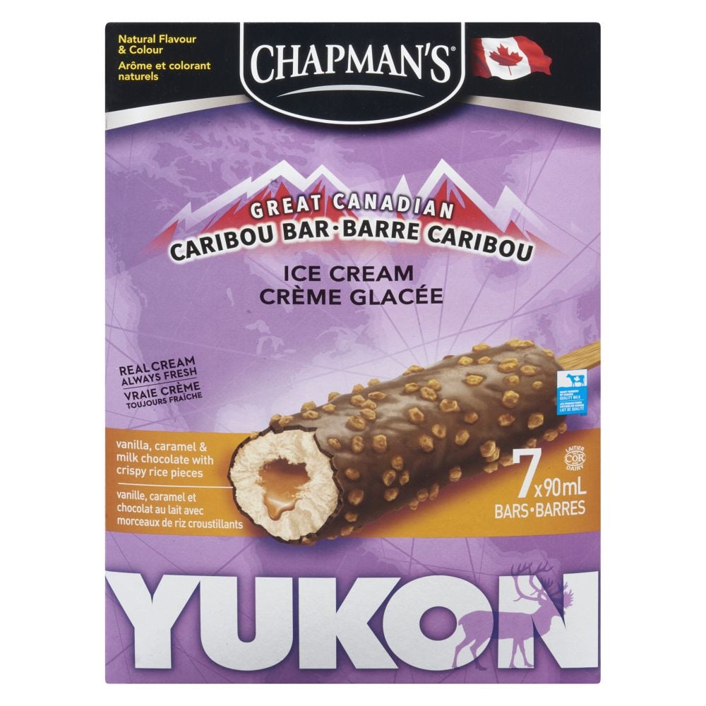 Chapman's Yukon Caribou Bar Vanilla, Caramel & Milk Chocolate With Crispy Rice Pieces Ice Cream Bars 7x90ml