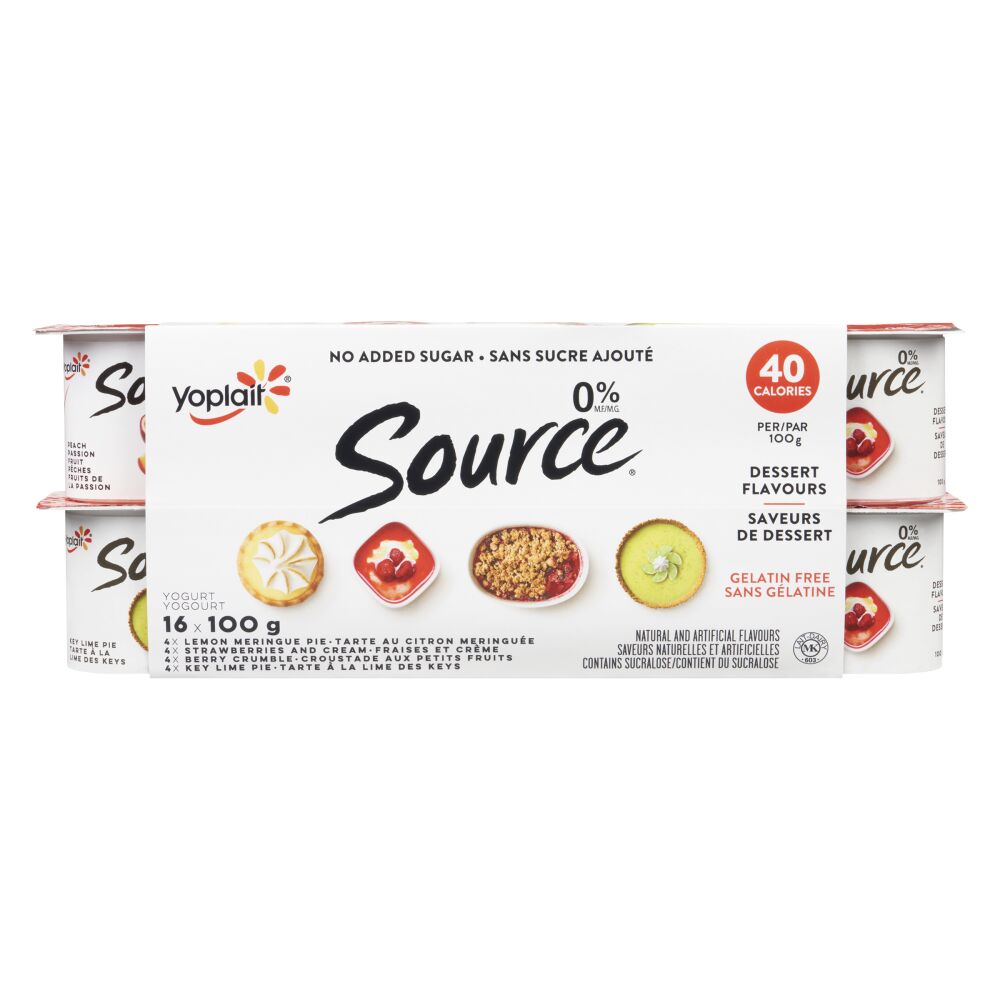 Yoplait Source No Sugar Added Lemon Meringue Pie, Strawberries And Cream, Berry Crumble, Key Lime Pie Yogurt 0% M.F. 16x100g
