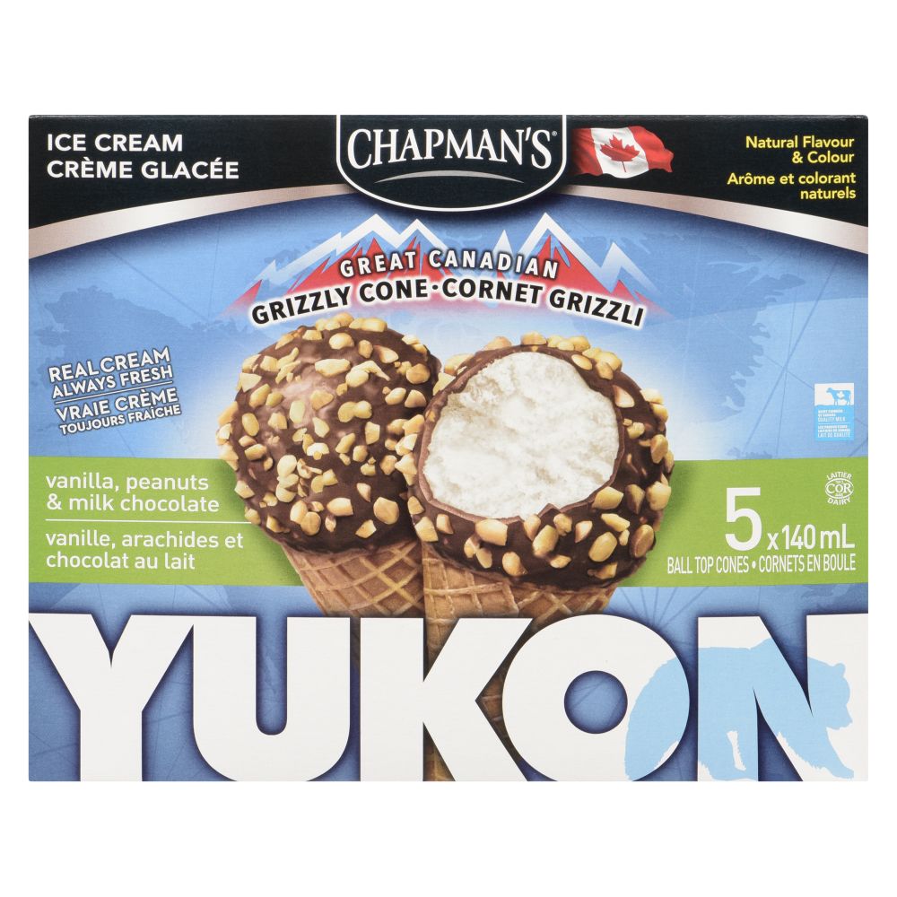 Chapman's Yukon Grizzly Cone Vanilla, Peanuts & Milk Chocolate Ice Cream Cones 5x140ml