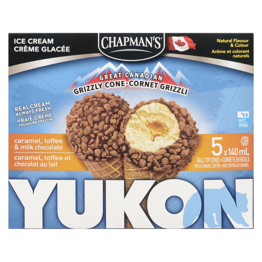 Chapman's Yukon Grizzly Cone Caramel, Toffee & Chocolate Milk Ice Cream Cones 5x140ml
