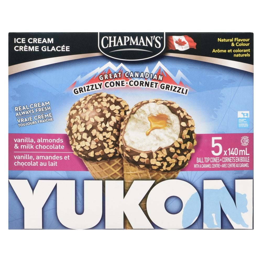 Chapman's Yukon Grizzly Cone Vanilla, Caramel, Almonds & Milk Chocolate Ice Cream Cones 5x140ml