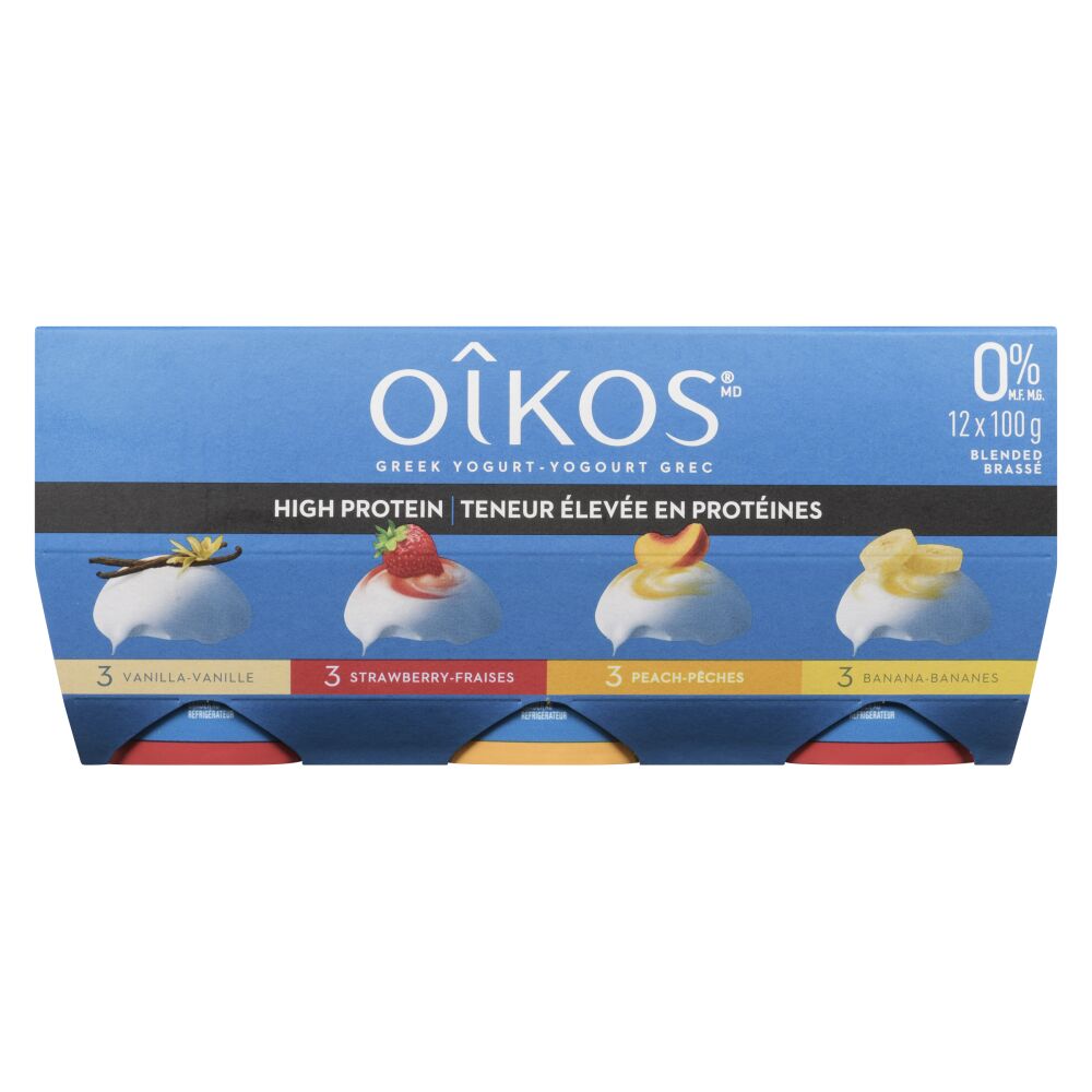 Oîkos Banana, Strawberry, Peach, Vanilla Greek Yogurt 0% M.F. 12x100g