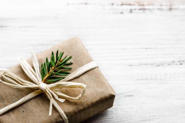 A gift wrapped in compostable wrapping