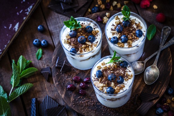 Yogurt with granola and blueberries