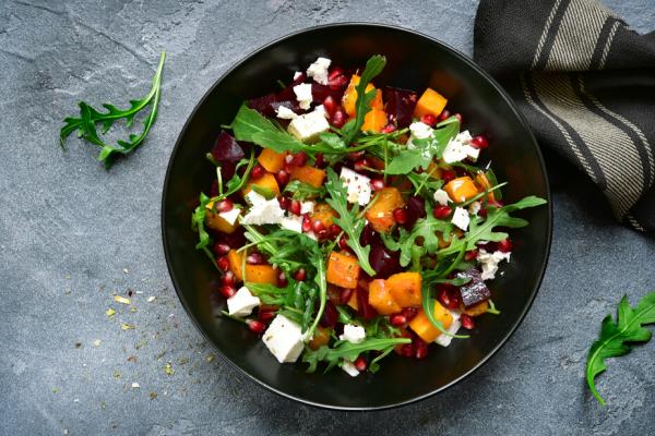Pumpkin salad with arugula, beetroot and feta cheese