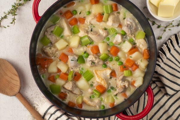 Bowl of chicken stew with vegetables