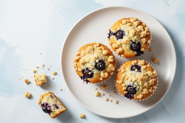Plate of three blueberry streusel muffins