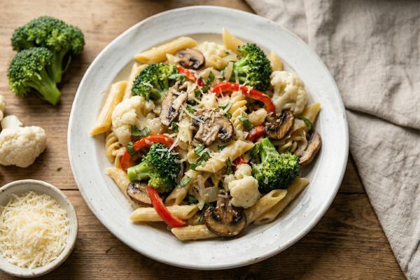 A plate of broccoli cauliflower pasta sprinkled with grated cheese, showcasing a mix of penne, fresh green broccoli florets, cauliflower, and slices of red bell pepper.