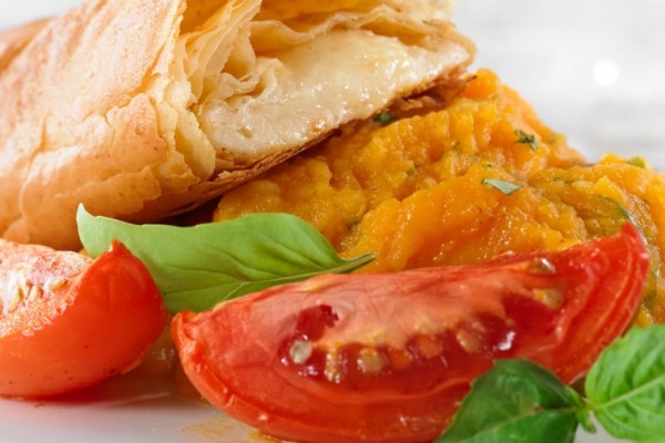 avonlea clothbound cheddar feuillete with sweet potato puree and roasted tomatoes