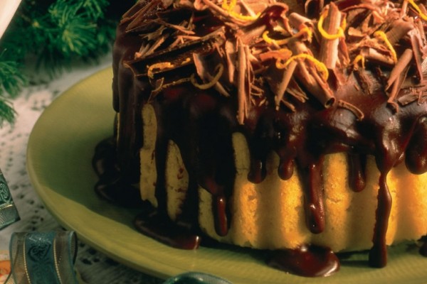 baked orange custard with chocolate and grand marnier sauce