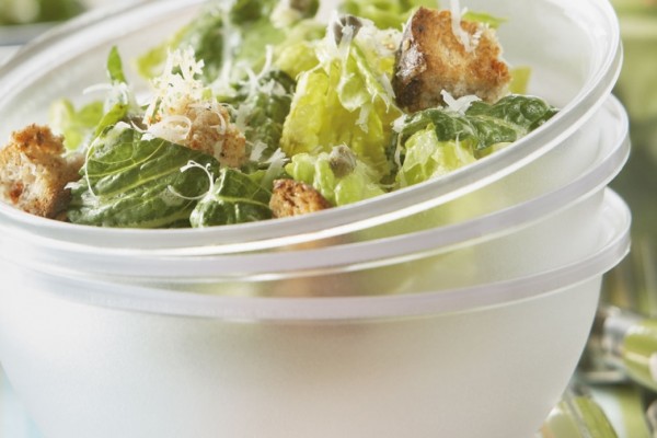 Crisp Romaine lettuce Caesar salad with Canadian Parmesan, creamy dressing, and golden croutons.