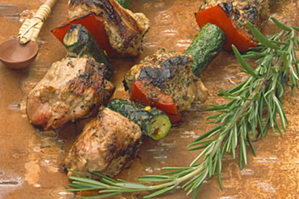 fresh rosemary pork kabobs with grainy mustard sauce
