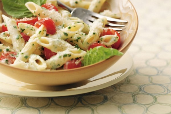 fresh tomato and pesto penne with parmesan