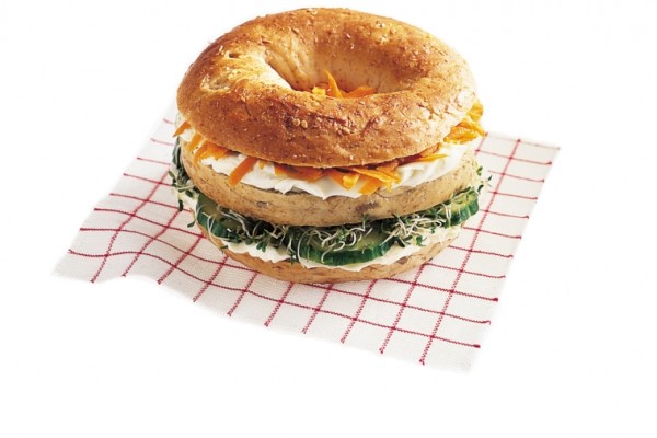 get a triple decker garden vegetable bagel on the double