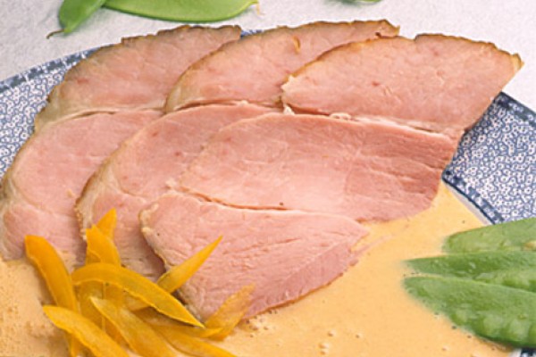 ham steak with pumpkin and yellow pepper sauce