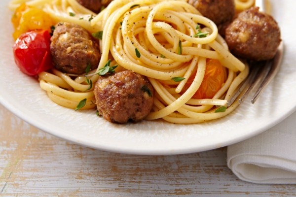 linguini with lamb meatballs and feta
