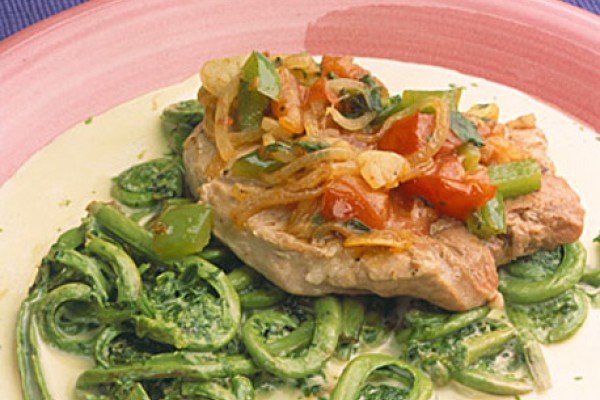 loin chops with fiddleheads