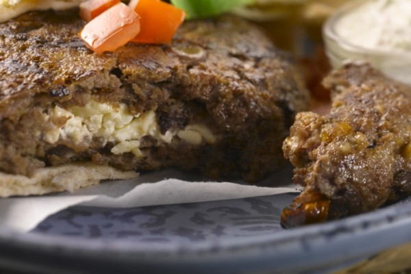 mediterranean style burgers with canadian feta and radish and cucumber tzatziki