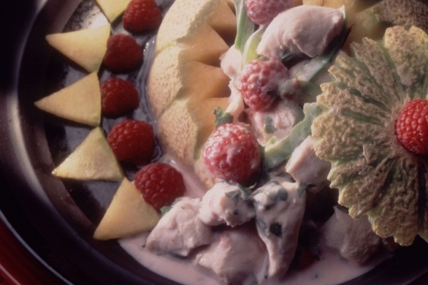 polynesian chicken salad in melon