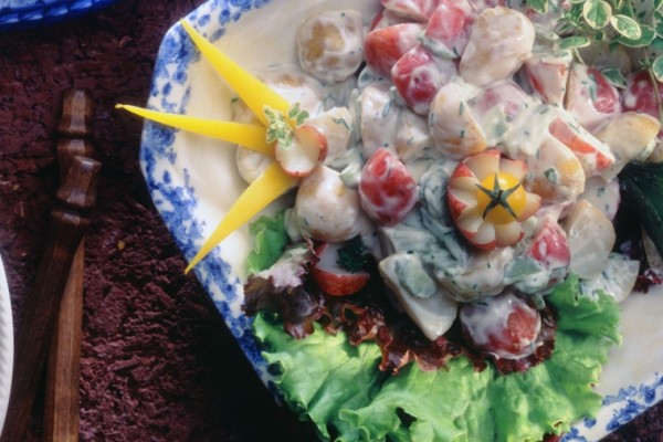Creamy potato salad garnished with dill and chives, made with Canadian dairy in a summer-ready bowl.