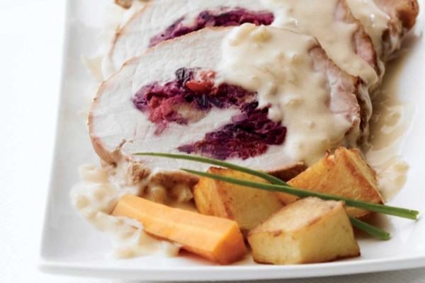 red cabbage cranberry stuffed pork loin with cider cream