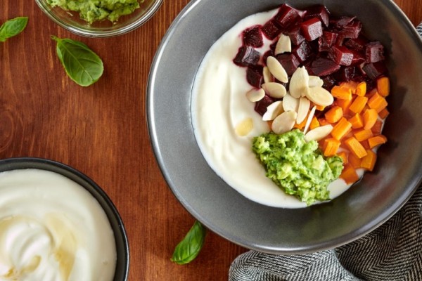roasted root vegetable yogurt bowl