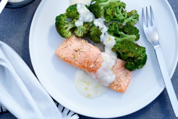 roasted salmon and broccoli with lemon parmesan sauce