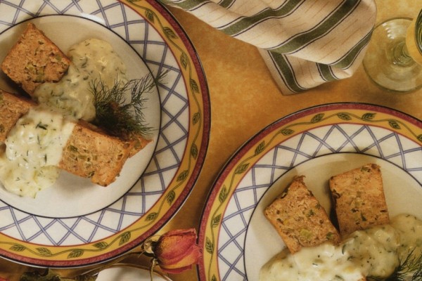 salmon loaf with dilly cucumber sauce