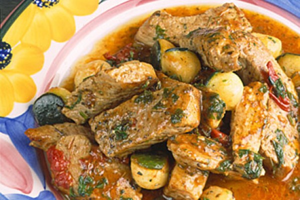 sauteed marinated pork with zucchini balls