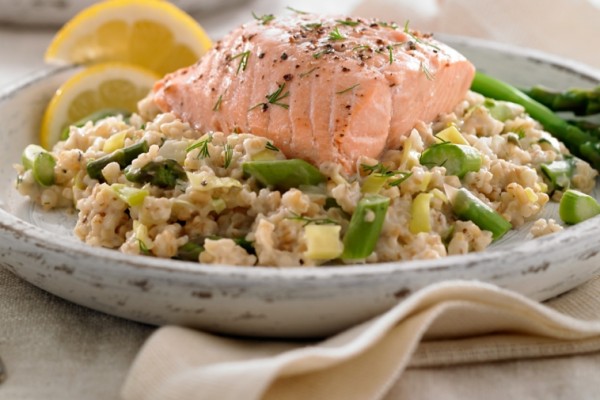 scottish oat leek pilaf with salmon