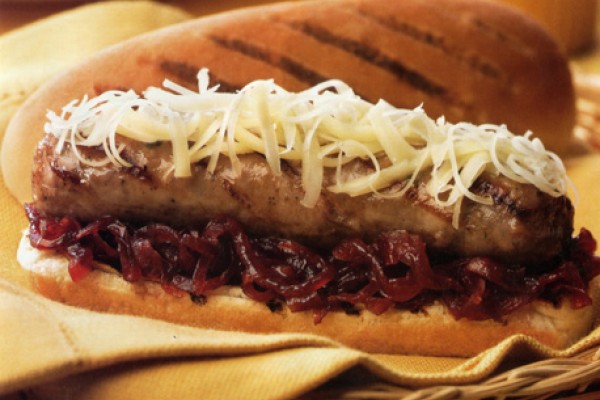 toulouse sausage with onion jam and gouda