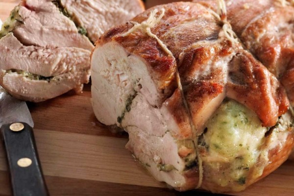 turkey roast stuffed with herb pesto and miranda cheese