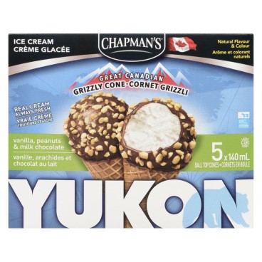 Chapman's Yukon Grizzly Cone Vanilla, Peanuts & Milk Chocolate Ice Cream Cones 5x140ml