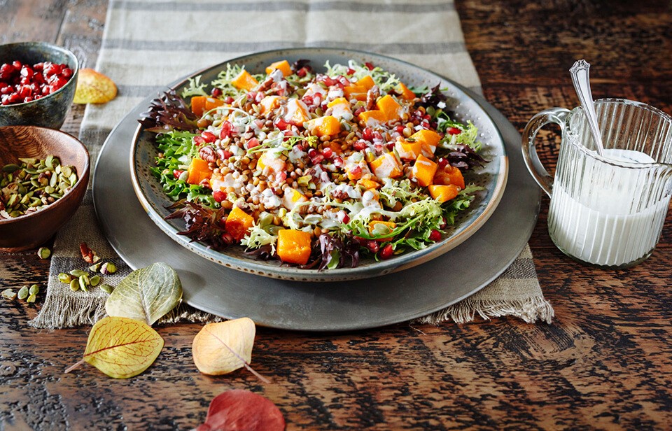 Roasted winter squash, lentil and greens salad