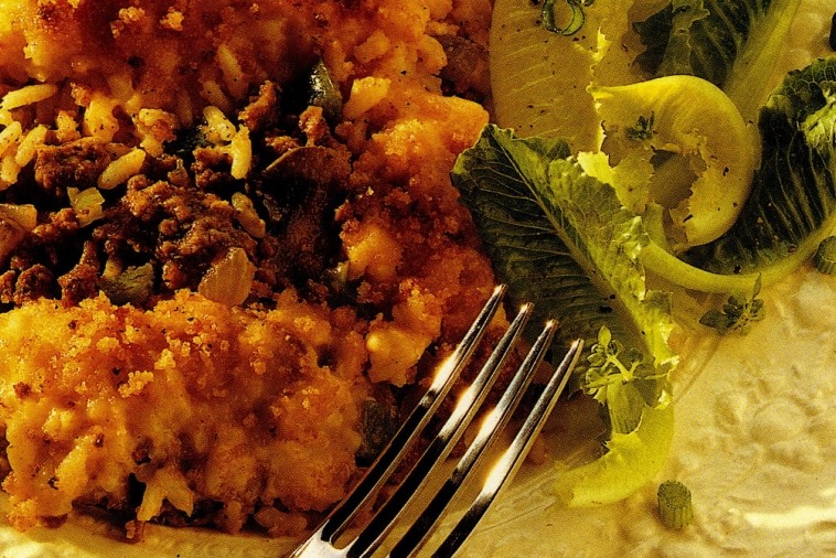 beef and rice casserole with crisp topping