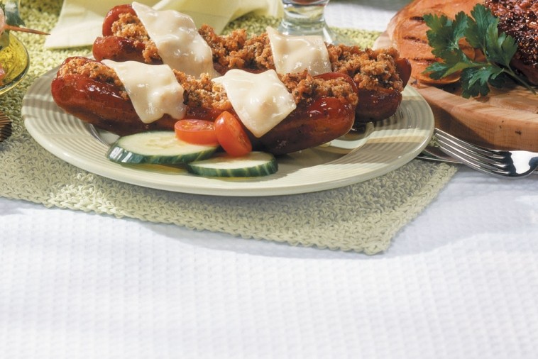 butterflied sausages with lemon and herb crumble