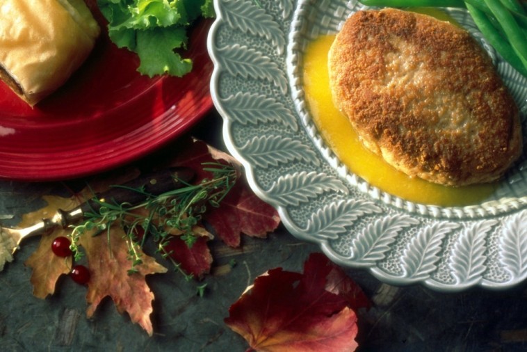 chicken parmesan patties with peach and garlic sauce