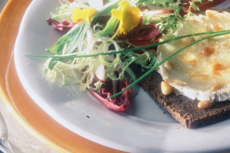 cream cheese on rye with nutty salad