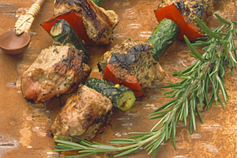 fresh rosemary pork kabobs with grainy mustard sauce