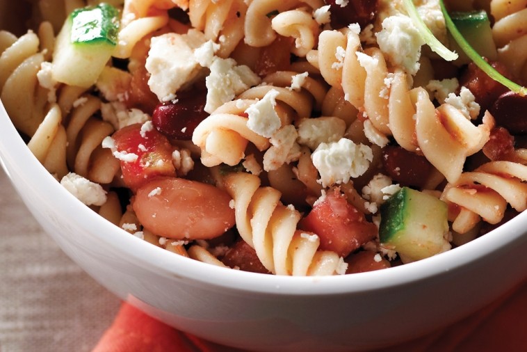 fusilli salad with salsa and feta