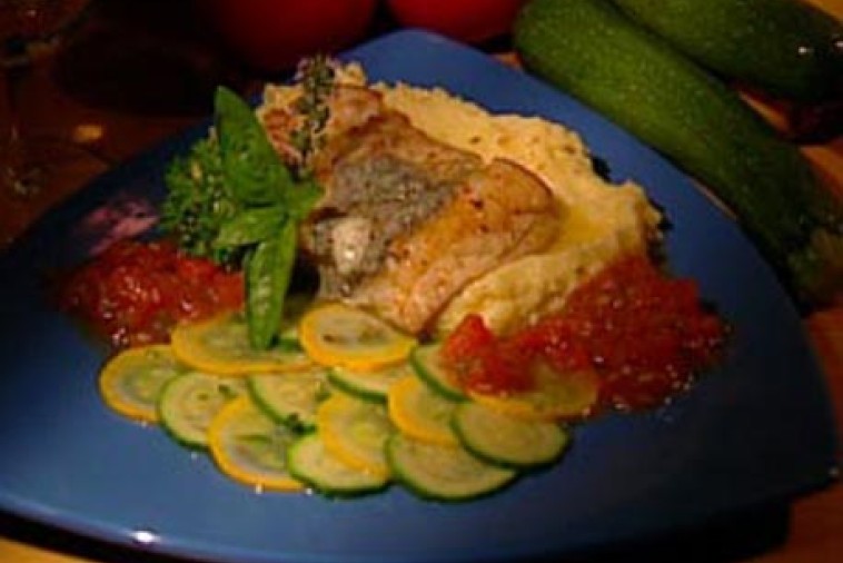 grilled cod squares on aligot