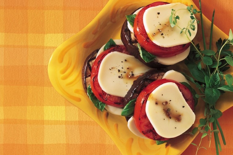 grilled tomato eggplant mozzarella stack ups