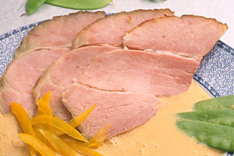 ham steak with pumpkin and yellow pepper sauce