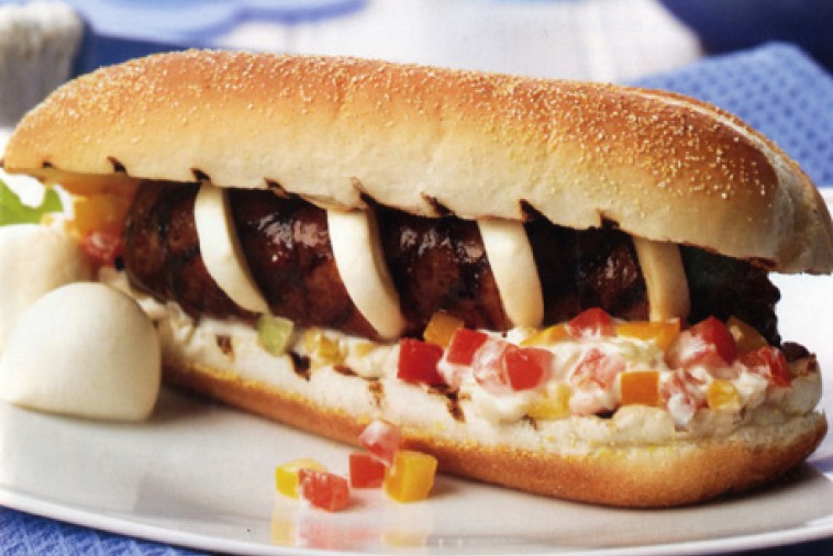 hot dogs with creamy bruschetta topping and bocconcini