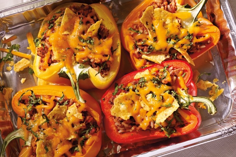 roasted peppers with frijoles and cheddar