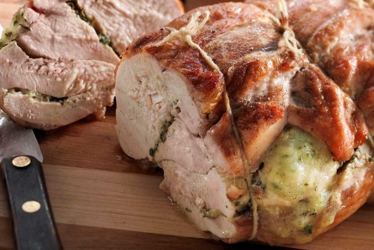 turkey roast stuffed with herb pesto and miranda cheese